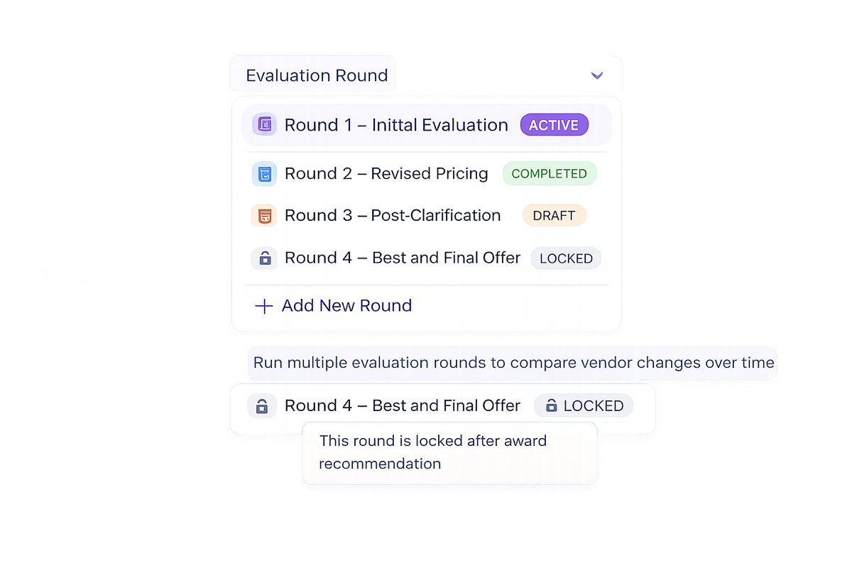 TruBuild evaluation rounds interface showing structured tender scoring