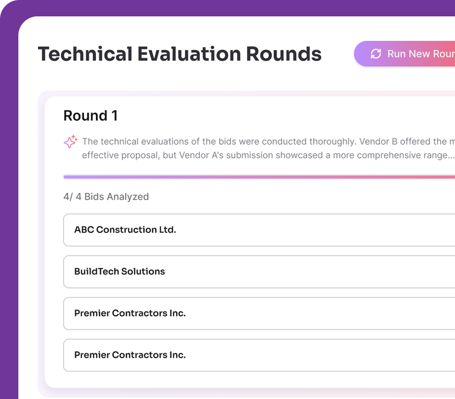TruBuild technical evaluation rounds interface showing structured scoring