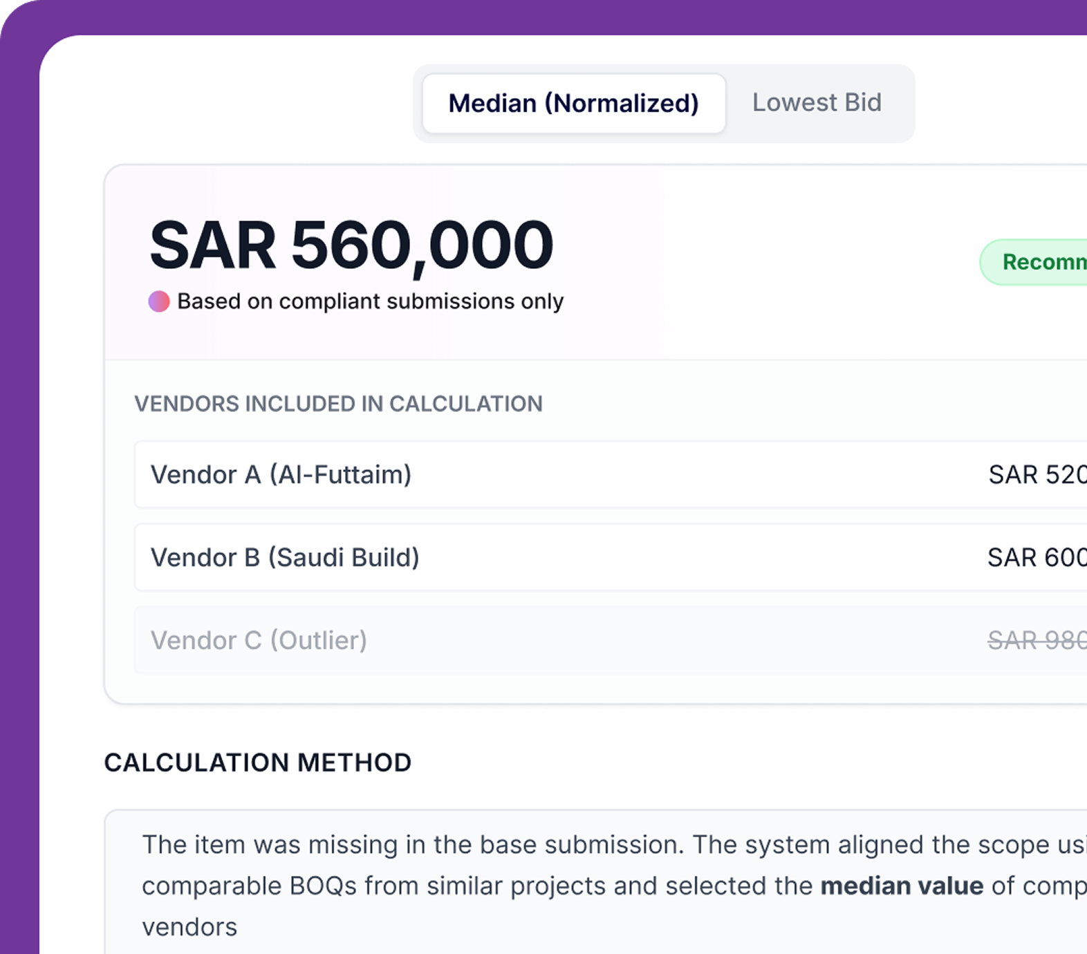 TruBuild commercial evaluation interface showing BOQ comparison and bid analysis