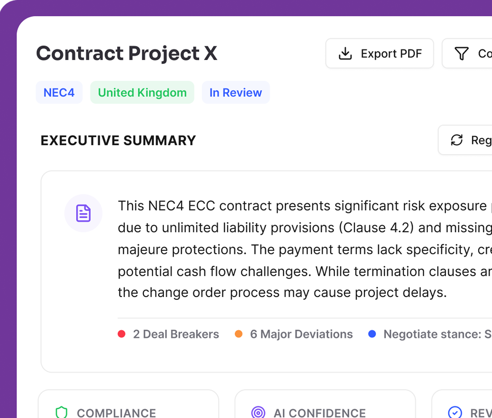 TruBuild contract analysis interface showing clause risk assessment