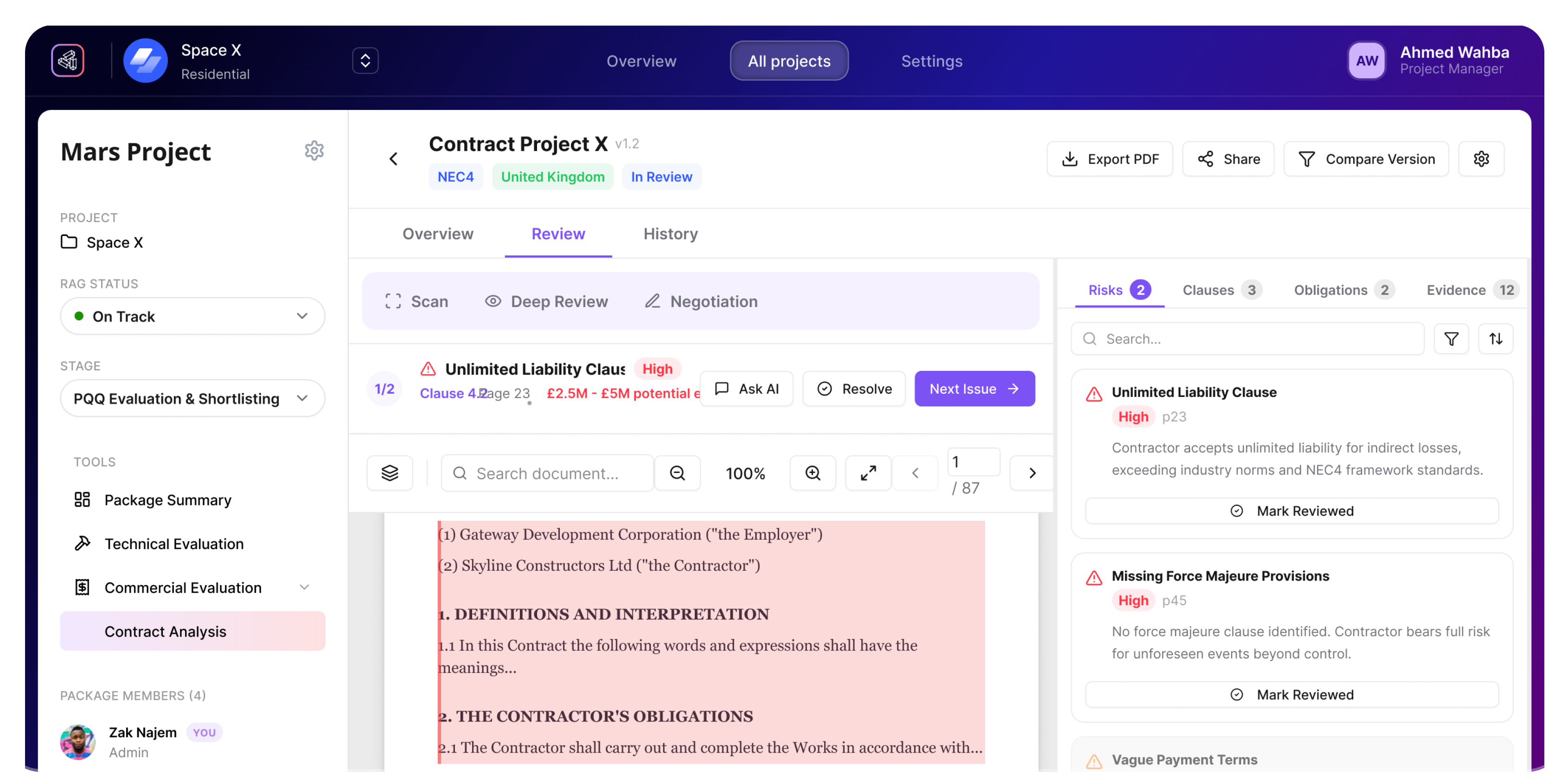 Contract analysis interface